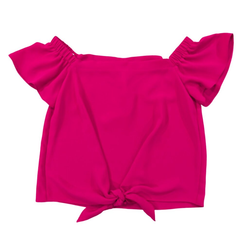AMANDA UPRICHARD Tie Front Blouse L Flutter Sleeve Off / On Shoulder Hot Pink